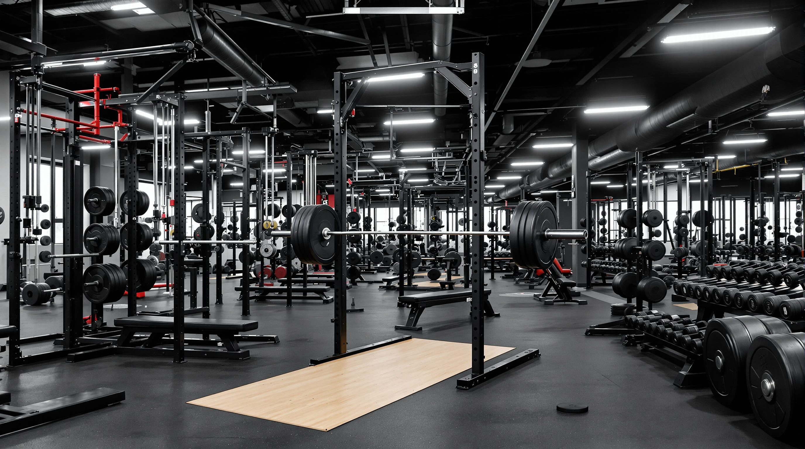 Organized free weight area with dumbbells and barbells